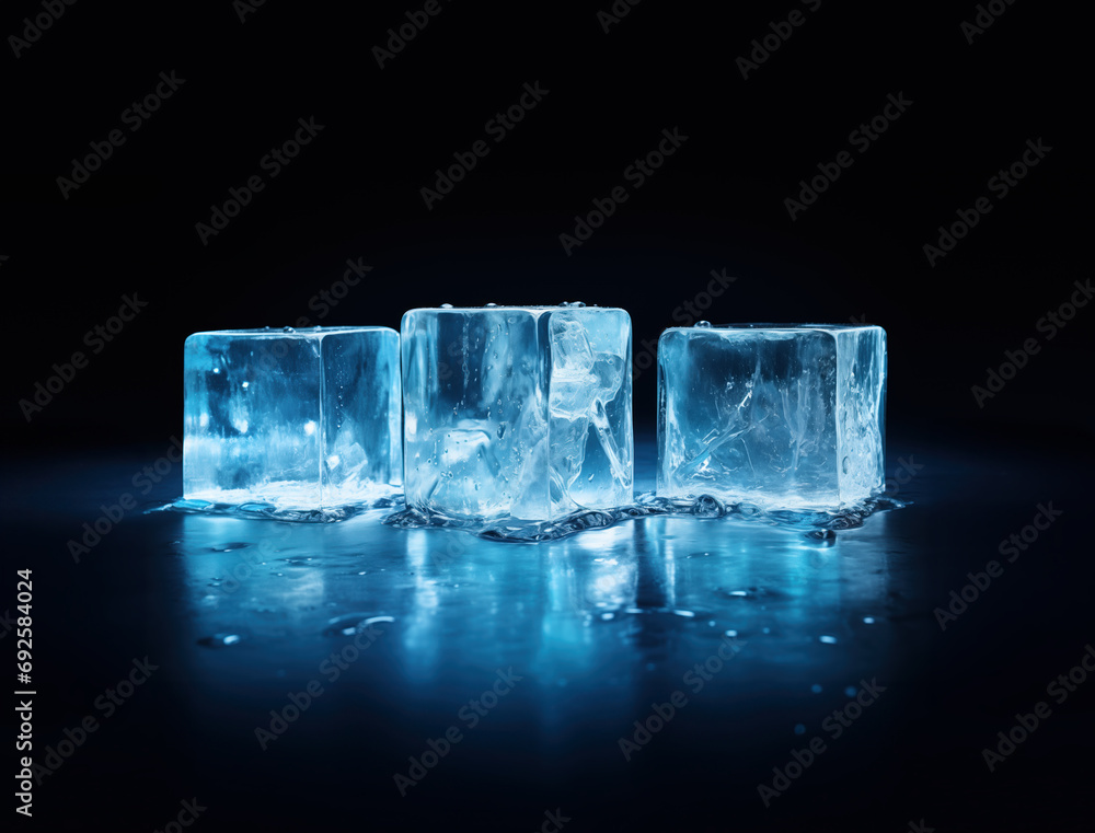 Three cool blue melting ice cubes on a black background Three cool blue melting ice cubes on a black background