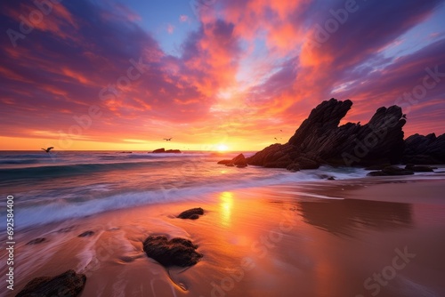 Photo of a tranquil sunset over a peaceful beach. Generative AI