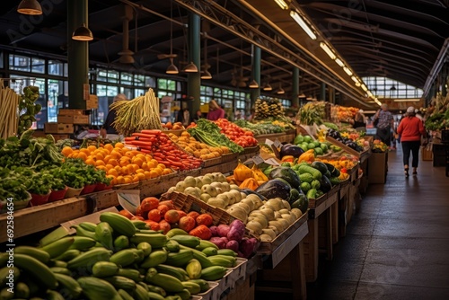 Photo of a vibrant and bustling farmer's market. Generative AI