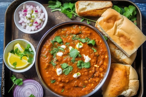 Indian Pav Bhaji with coriander butter buns and onion, Indian Punjabi vegetarian spicy gravy curry dish cuisine