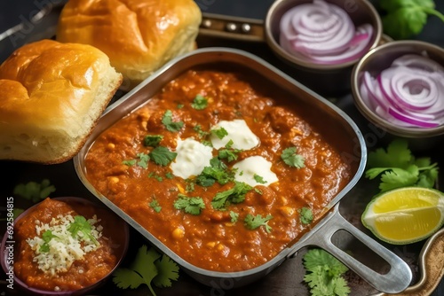 Boiled eggs with Indian Pav Bhaji with coriander butter buns and onion, Indian Punjabi vegetarian spicy gravy curry dish cuisine
