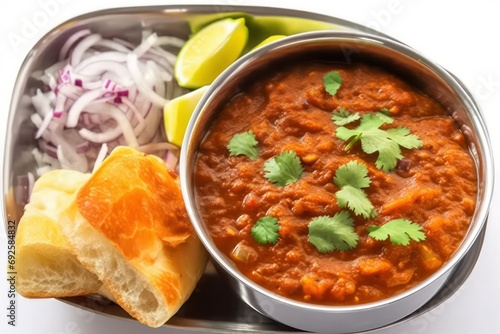 Indian Pav Bhaji with coriander butter buns and onion, Indian Punjabi vegetarian spicy gravy curry dish cuisine photo