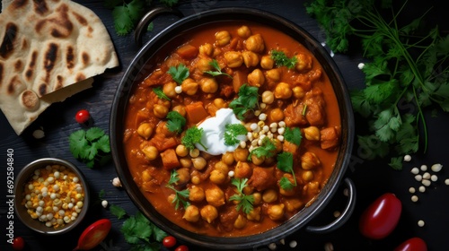 Chana masala overhead photo, Indian Punjabi Chickpea spicy curry dish photo