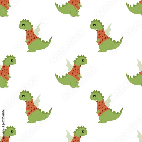 Seamless pattern with a cute green dragon in a sweater 