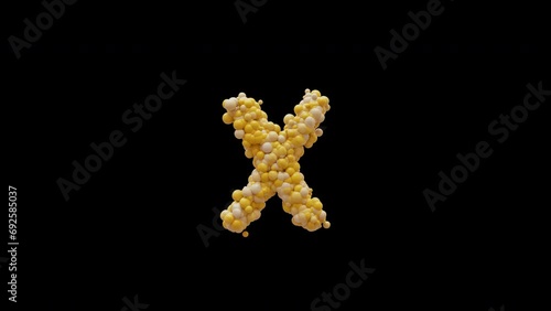 3D animation cartoon balls letter X, isolated beautiful funny yellow balloons, motion design, RGB Alpha, UHD 4K, Apple ProRes 4 4 4 4 12 bit, 25 fps