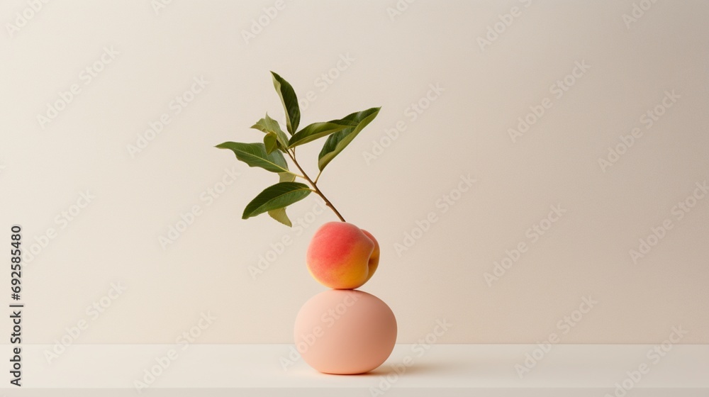 a single, succulent peach, elegantly positioned on a spotless white canvas.