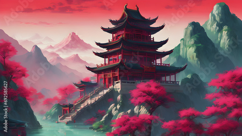 Mystic fantasy tower temple detailted paint illustration for wallpaper  photo