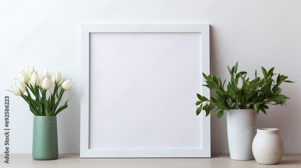 White frame mockup with plant pot on wooden table and white wall background
White frame mockup with plant pot on wooden table and white wall background