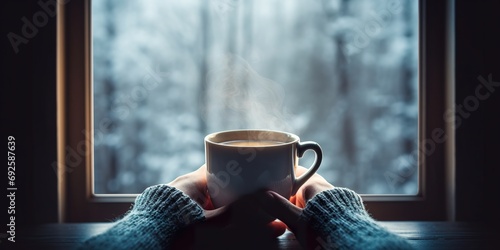 Close-up of a person's hands holding a steaming cup of tea, looking out a window at a winter landscape, symbolizing comfort amidst depression