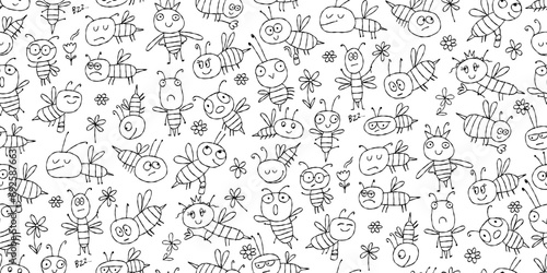 Funny Bees family. Beehive seamless pattern background for your design
