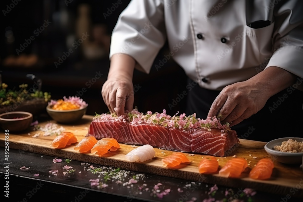 Artisanal food concept with a close-up of a chef handcrafting delicate sushi, culinary precision