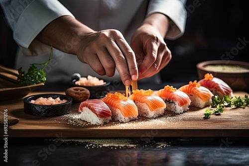Artisanal food concept with a close-up of a chef handcrafting delicate sushi, culinary precision