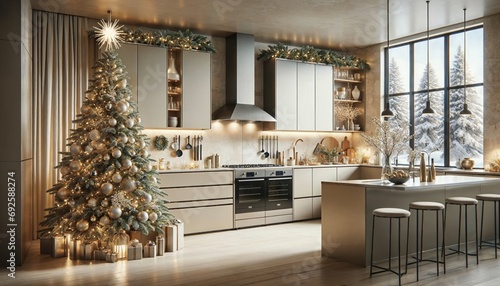 Bright and airy kitchen space with a tall christmas tree and view of snowy landscape outside © Glittering Humanity