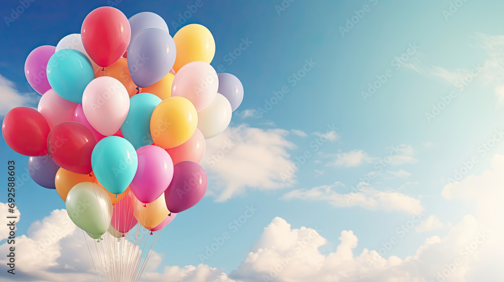 Colorful Balloons Flying on Blue Sky Background. Perfect for Happy Birthday, Summer Celebrations, and Wedding Honeymoon Parties