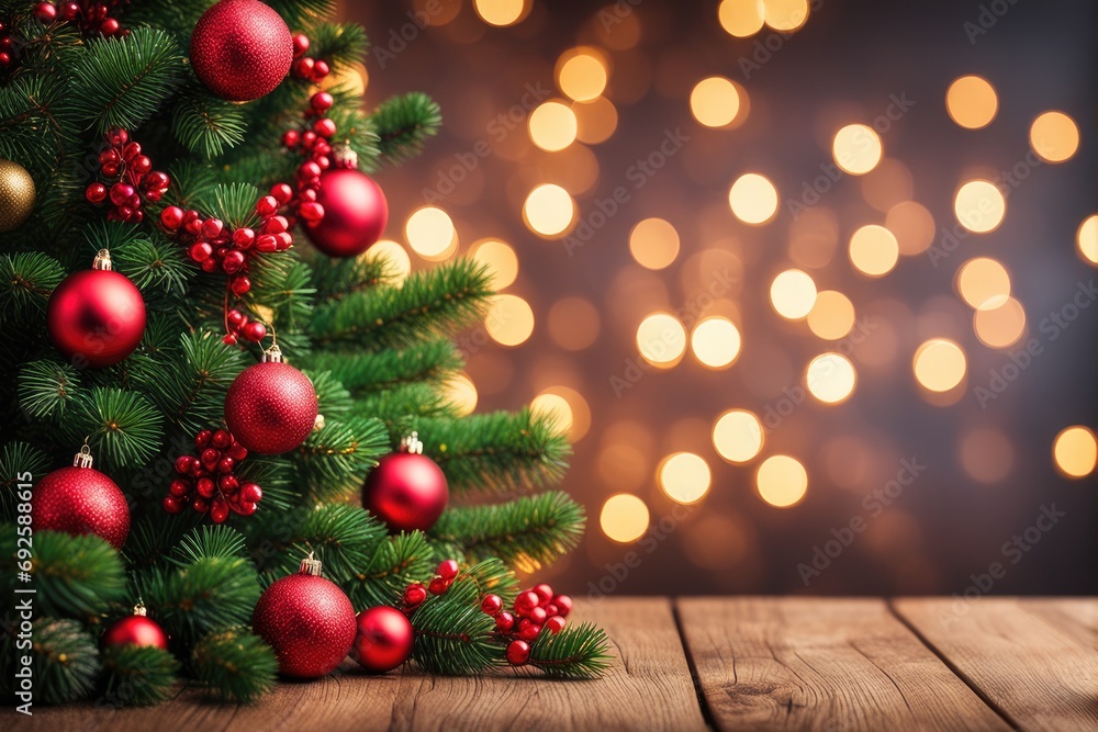 Wooden table with christmas fir tree and decoration. Bokeh background Wooden table with christmas fir tree and decoration. Bokeh background