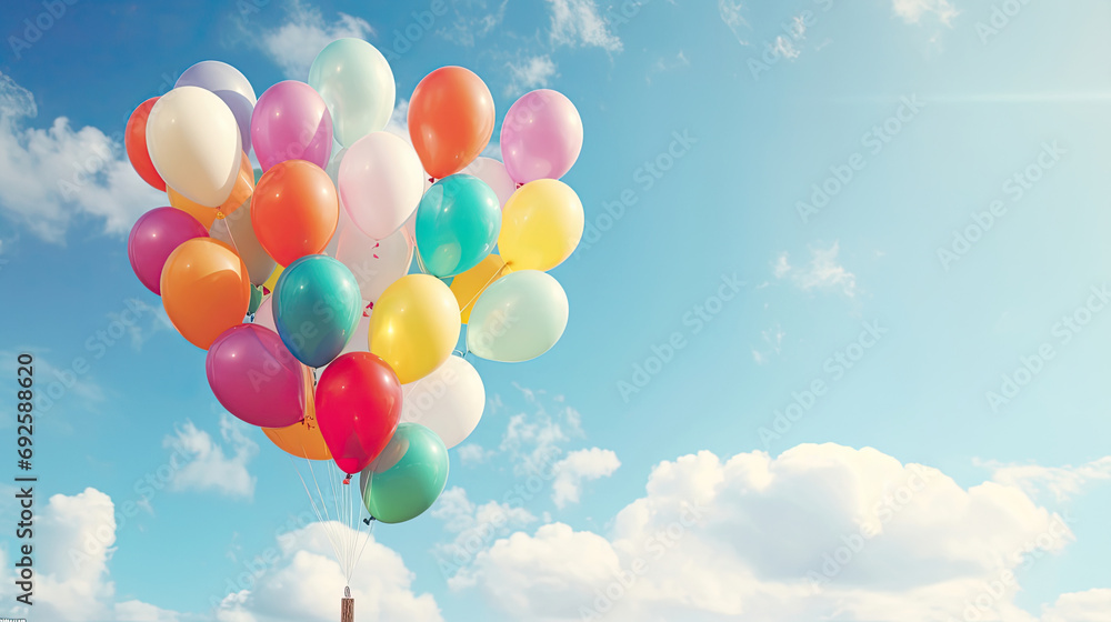 Colorful Balloons Flying on Blue Sky Background. Perfect for Happy Birthday, Summer Celebrations, and Wedding Honeymoon Parties Colorful Balloons Flying on Blue Sky Background. Perfect for Happy Birthday, Summer Celebrations, and Wedding Honeymoon Parties