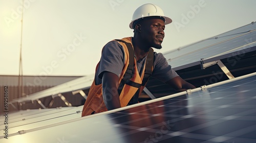 African American engineer maintaining solar cell photo