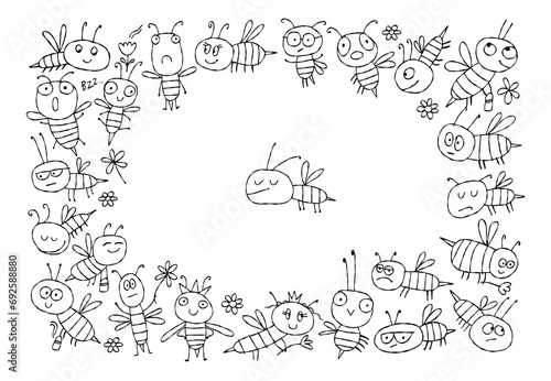 Funny Bees family. Beehive for your design. Horizontal banner with place for text (ID: 692588880)