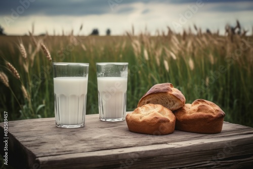 Bread with milk glasses on wooden table in nature field. Rural natural rustic breakfast on countryside view. Generate ai