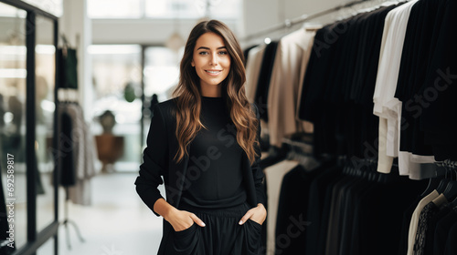 Fashion stylist poised in a high-end clothing store, providing premium service to an affluent clientele with a discerning taste in fashion