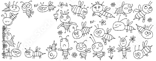 Funny Bees family. Beehive for your design. Horizontal banner with place for ...