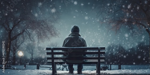 Portrait of an individual sitting alone on a park bench in the snow, with a faraway look, depicting winter depression