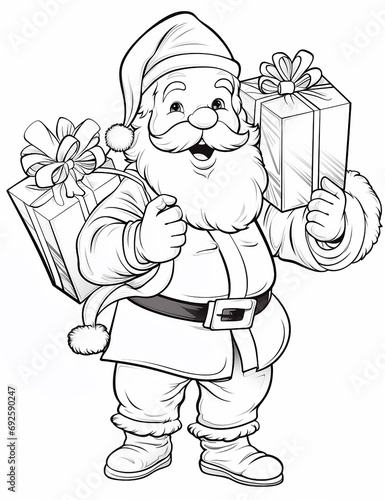 Coloring pages for kids, Christmas-themed Santa Claus with a sack full of toys, waving and spreading photo