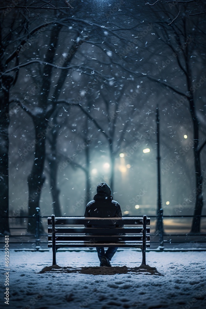 Portrait of an individual sitting alone on a park bench in the snow, with a faraway look, depicting winter depression