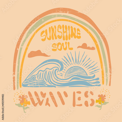 Summer sunshine women's girls t-shirt sweatshirt print design in vector format, big wave under the sun, tropical vibes for beach art illustration