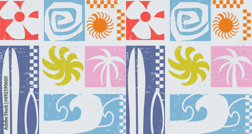 Vector art Hand drawn illustration for summer pattern design, Trendy Minimal summer seamless pattern Vacation Moment with hand drawn Line , Waves, palm trees each life elements Vector illustration