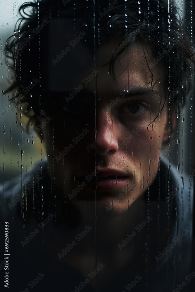 Portrait of an individual with a blank expression, staring out of a rain-streaked window, reflecting the feeling of being trapped by depression
