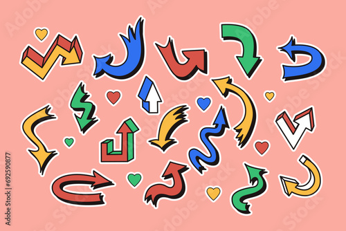 Vintage 90s style sticker set of different arrows. Retro hand drawn elements in street style graffiti and 2000s style. Good for stickers, decoration.