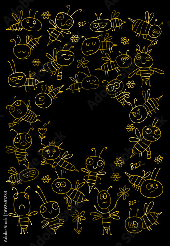 Funny Bees family. Beehive for your design. Vertical frame with place for text