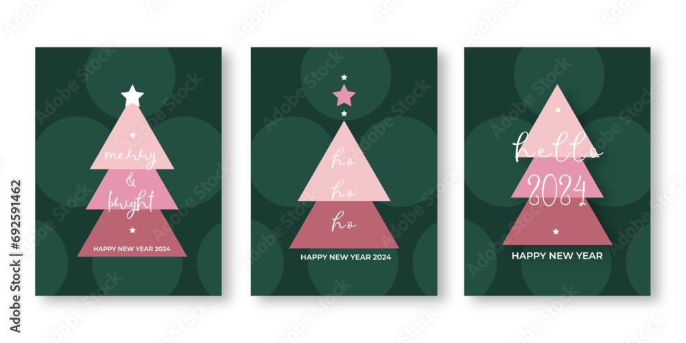 Naklejka premium Set trendy Happy New Year greeting cards ho ho ho Merry Christmas template Minimalistic design green pink boho cozy colors