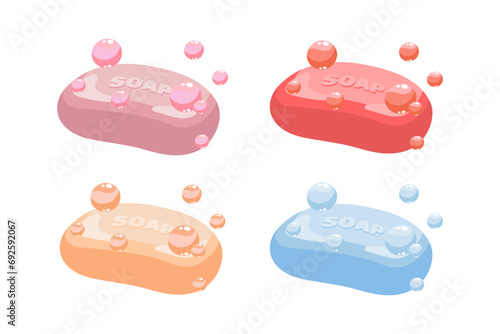 Pieces of fruity soap with soap bubbles, vector set. Icons, illustrations