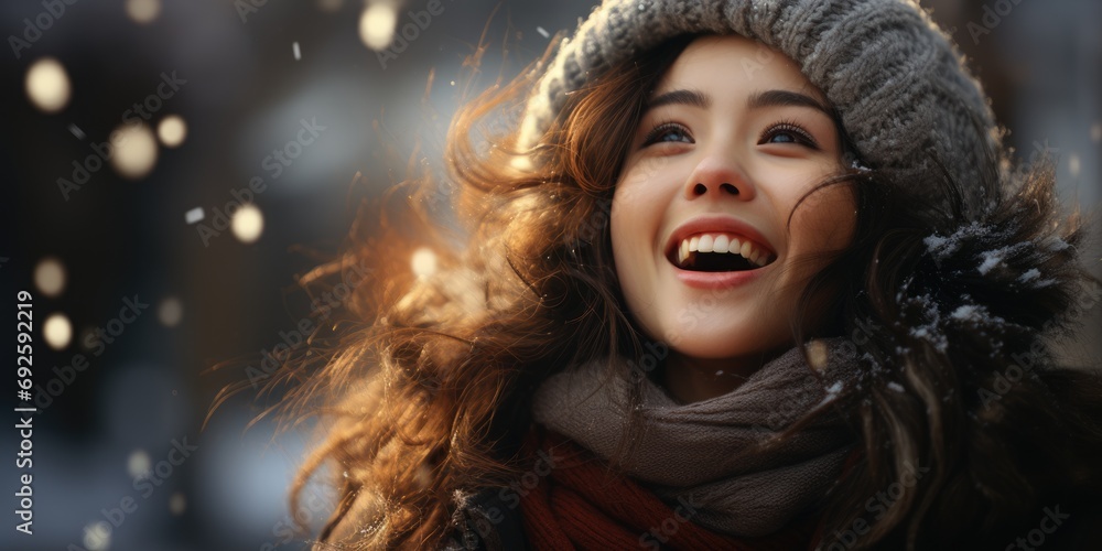 Happy attractive young asian woman enjoys snow and snowflakes at Christmas fair . Outside. Xmas holiday. Close up. Happy attractive young asian woman enjoys snow and snowflakes at Christmas fair . Outside. Xmas holiday. Close up.