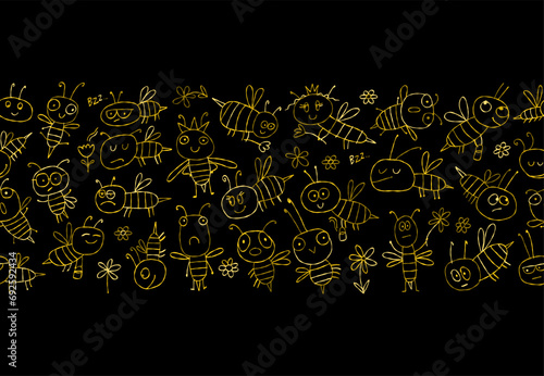 Funny Bees family. Beehive seamless pattern background for your design