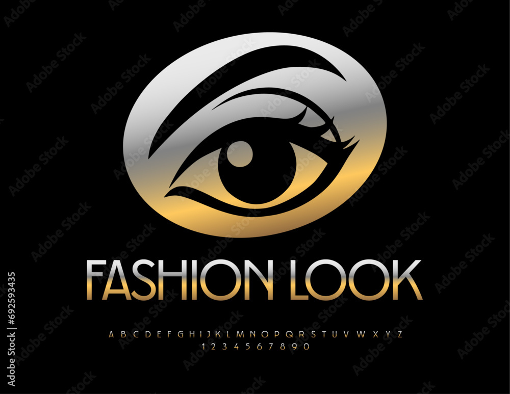 Vector premium emblem Fashion Look. Elegant metallic Font. Gold chic Alphabet Letters and Numbers set Vector premium emblem Fashion Look. Elegant metallic Font. Gold chic Alphabet Letters and Numbers set