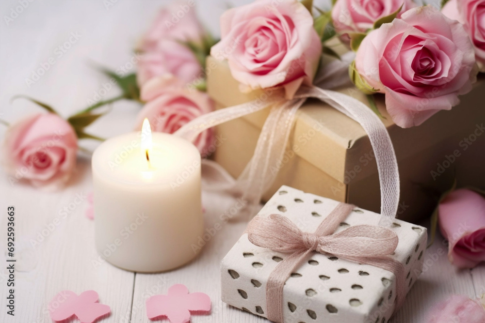 Gift box, pink roses decor, and lit candle, greeting card Gift box, pink roses decor, and lit candle, greeting card