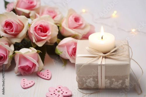 Gift box, pink roses decor, and lit candle, greeting card