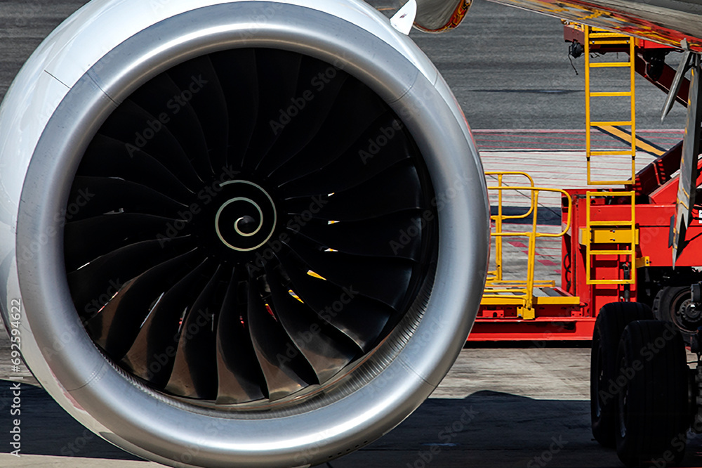 Engine of an Airbus A350-900, this is a new generation wide-body aircraft, ideal for long range travel, parked and being boarded by passengers for take-off.