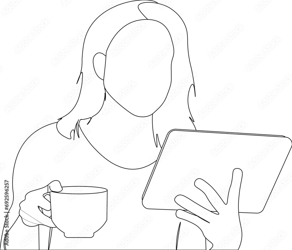 joven trabajando en su casa, mujer tomando café y leyendo en su cuaderno. en línea. Vector sin fondo, fondo transparente	 - obrazy, fototapety, plakaty 