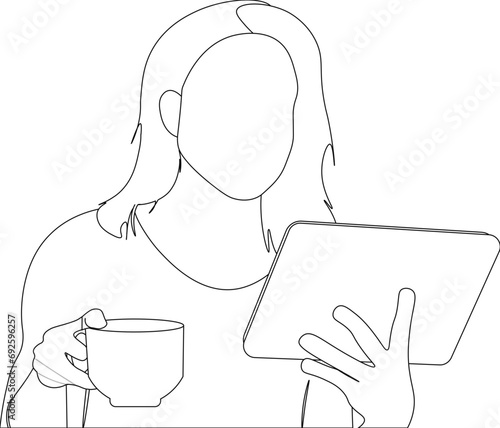 joven trabajando en su casa, mujer tomando café y leyendo en su cuaderno. en línea. Vector sin fondo, fondo transparente	