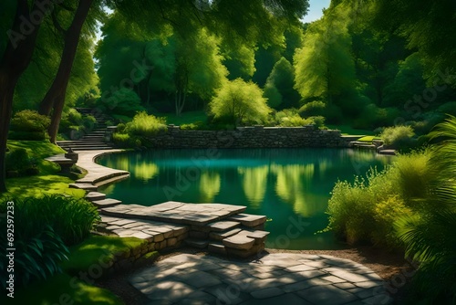 beautiful side view of water park in forest in landscape looking realistic   generated by AI