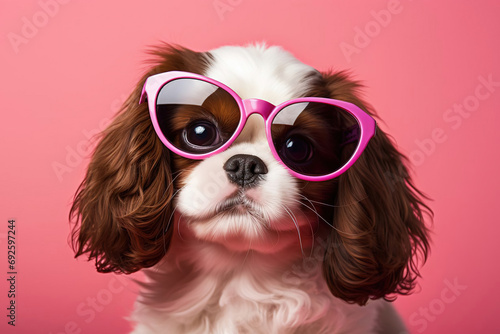 A beautiful dog with glasses sits on a pink background. Royal King Charles spaniel in red glasses for Valentine's Day © екатерина лагунова