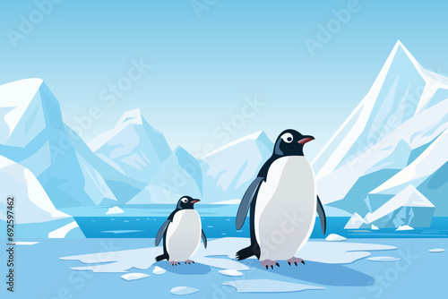 Penguins on an iceberg. Cute penguins against the backdrop of a beautiful landscape of large glaciers, icebergs and water. Vector illustration for postcard, poster, cover or design. © LoveSan
