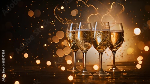 Champagne for festive cheers with gold sparkling bokeh background. Glasses of sparkling wine in front of tender bright gold bokeh. Horizontal background for celebrations and invitation cards space spa photo