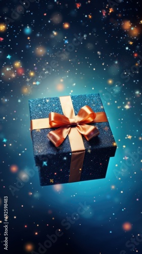 gift box with a bow in blue colors flies in space, concept for holidays, gifts