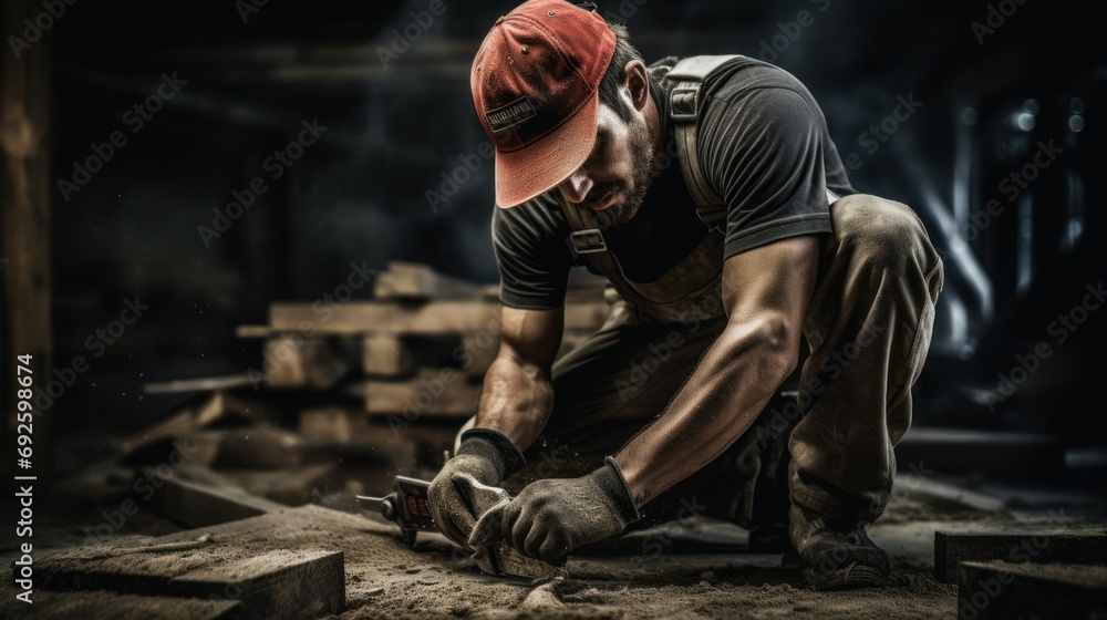 builder builds, dark photo, manual labor concept