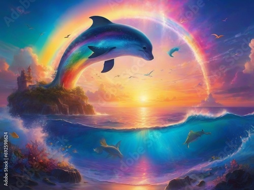 Dive into a world of fantasy and enchantment, where a stunning sunset over the ocean is illuminated by a rainbow of colors and mystical creatures dance in the sky.